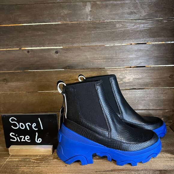 New Women Sorel Brex Chelsea‎ Black Leather Mid Waterproof Ankle Boots Size 6 M - Picture 1 of 6